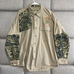 Mens Cabela's‎ Button Up Shirt L Beige Camo Seclusion 3D Hunting Cotton